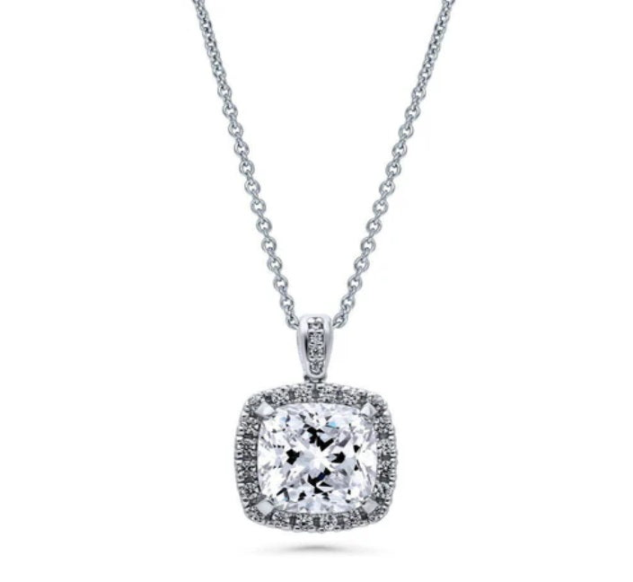 Halo Cushion CZ Pendant Necklace in Sterling Silver