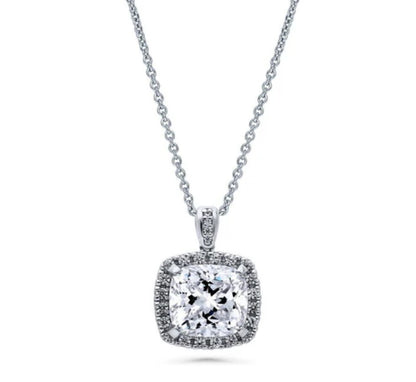Halo Cushion CZ Pendant Necklace in Sterling Silver