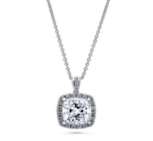 Halo Cushion CZ Pendant Necklace in Sterling Silver