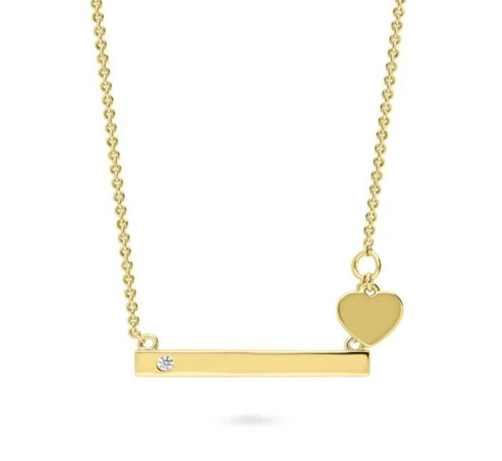 Bar Heart CZ Pendant Necklace in Gold Flashed Sterling Silver