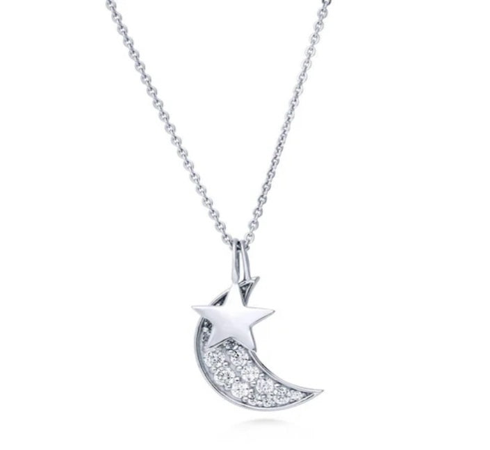 Star Crescent Moon CZ Pendant Necklace in Sterling Silver