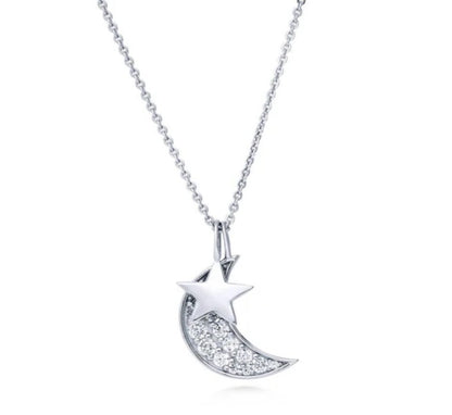 Star Crescent Moon CZ Pendant Necklace in Sterling Silver
