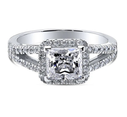 Halo Princess CZ Split Shank Ring in Sterling Silver