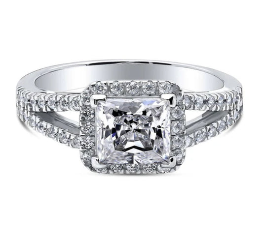 Halo Princess CZ Split Shank Ring in Sterling Silver
