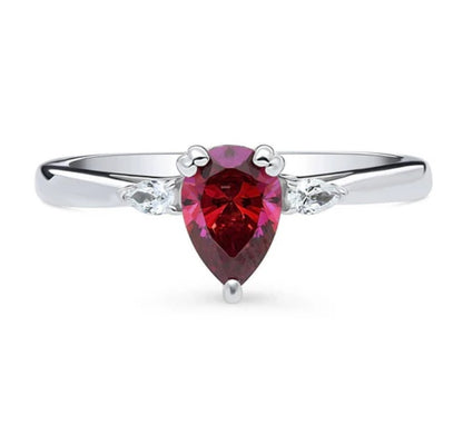 3-Stone Red Pear CZ Ring in Sterling Silver