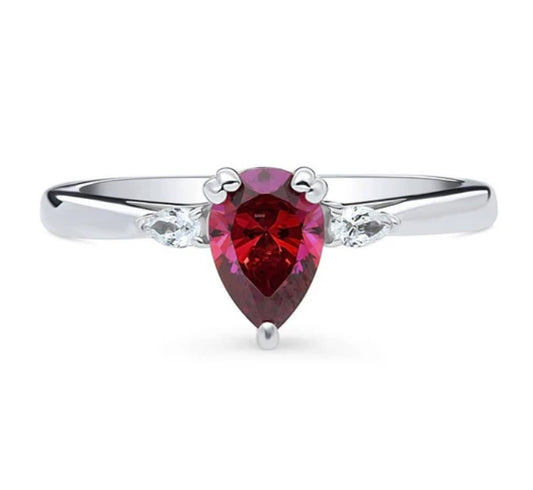 3-Stone Red Pear CZ Ring in Sterling Silver