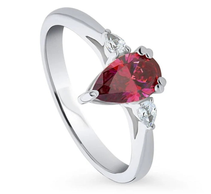 3-Stone Red Pear CZ Ring in Sterling Silver