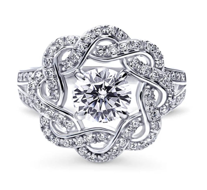 Flower Woven CZ Split Shank Ring in Sterling Silver