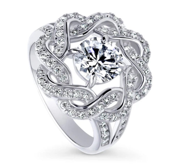 Flower Woven CZ Split Shank Ring in Sterling Silver