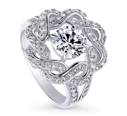 Flower Woven CZ Split Shank Ring in Sterling Silver