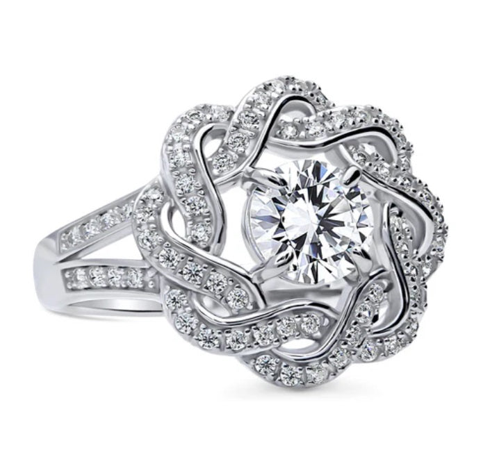 Flower Woven CZ Split Shank Ring in Sterling Silver
