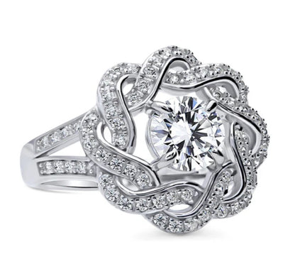 Flower Woven CZ Split Shank Ring in Sterling Silver