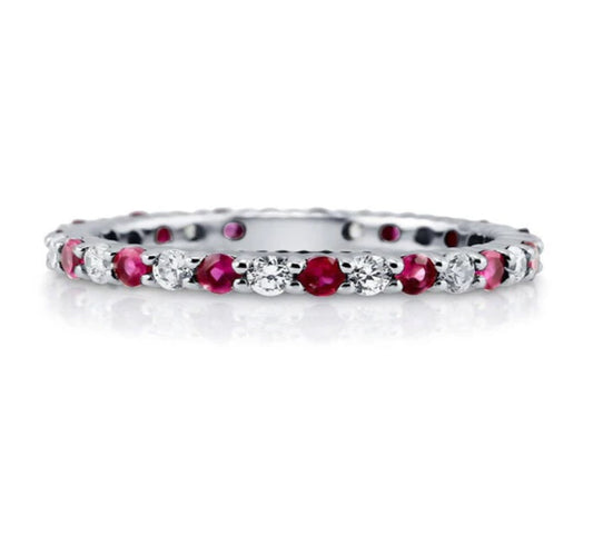 Simulated Ruby Pave Set CZ Stackable Eternity Ring in Sterling Silver