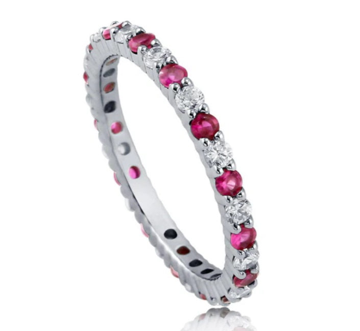Simulated Ruby Pave Set CZ Stackable Eternity Ring in Sterling Silver