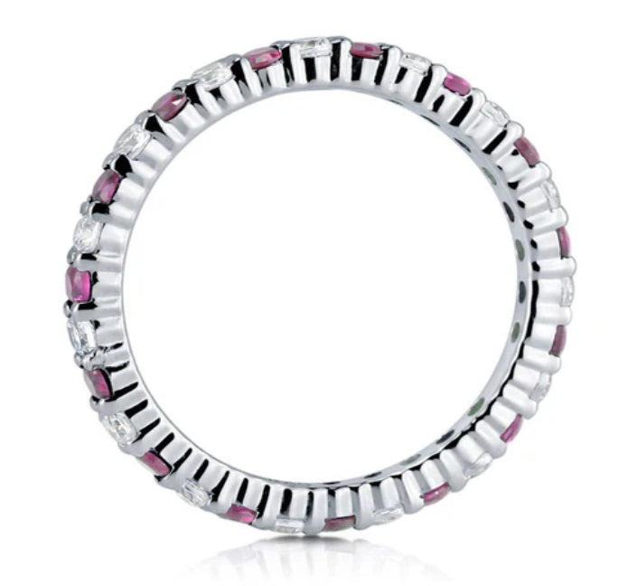 Simulated Ruby Pave Set CZ Stackable Eternity Ring in Sterling Silver