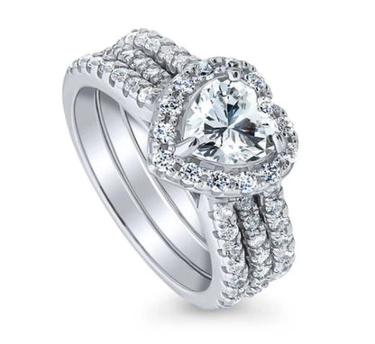 Halo Heart CZ Insert Ring Set in Sterling Silver