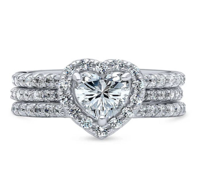 Halo Heart CZ Insert Ring Set in Sterling Silver
