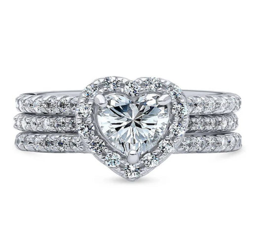 Halo Heart CZ Insert Ring Set in Sterling Silver