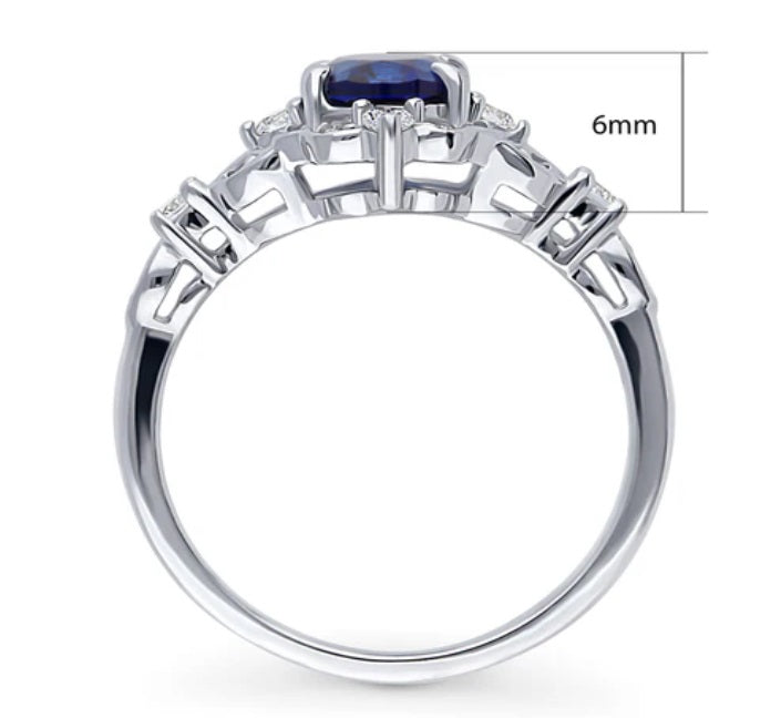 Halo Art Deco Simulated Blue Sapphire Oval CZ Ring in Sterling Silver