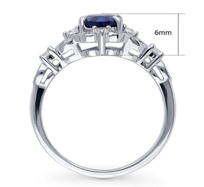 Halo Art Deco Simulated Blue Sapphire Oval CZ Ring in Sterling Silver