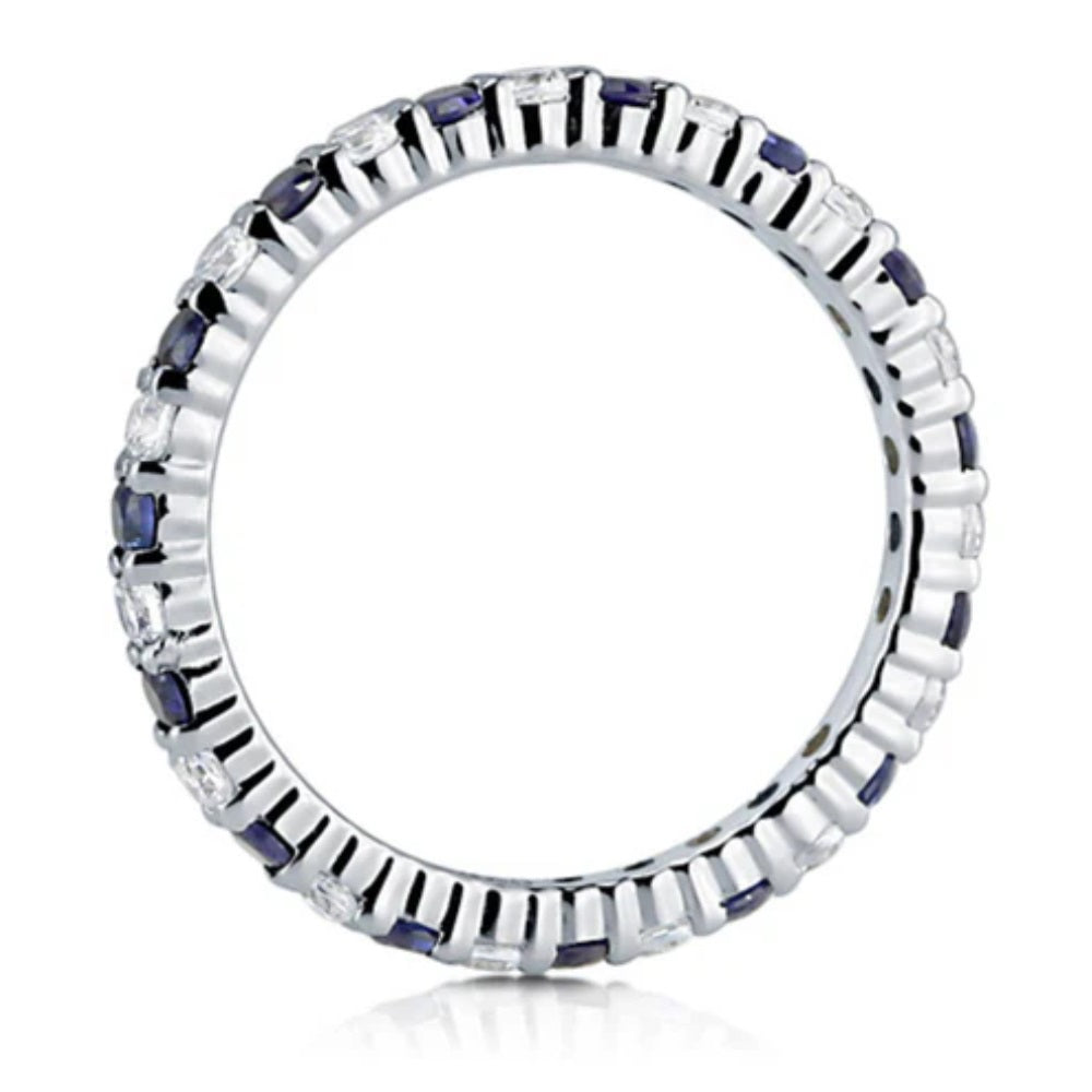 Simulated Blue Sapphire Pave Set CZ Eternity Ring in Sterling Silver