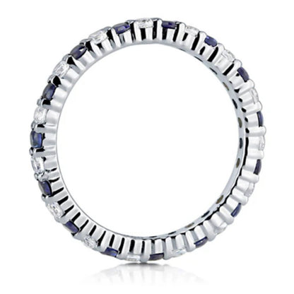 Simulated Blue Sapphire Pave Set CZ Eternity Ring in Sterling Silver
