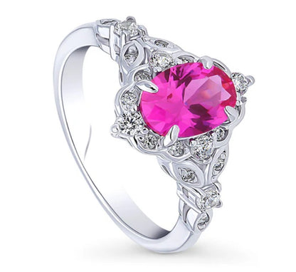Halo Art Deco Pink Oval CZ Ring in Sterling Silver