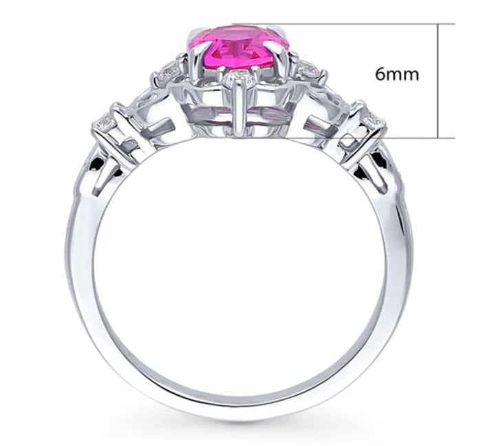 Halo Art Deco Pink Oval CZ Ring in Sterling Silver