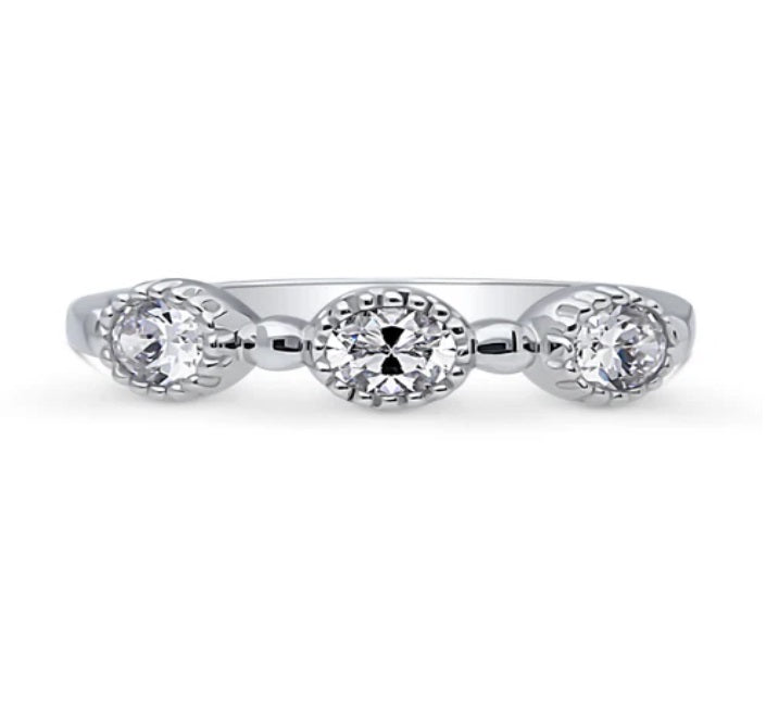 Milgrain Bezel Set Oval CZ Half Eternity Ring in Sterling Silver
