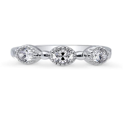 Milgrain Bezel Set Oval CZ Half Eternity Ring in Sterling Silver