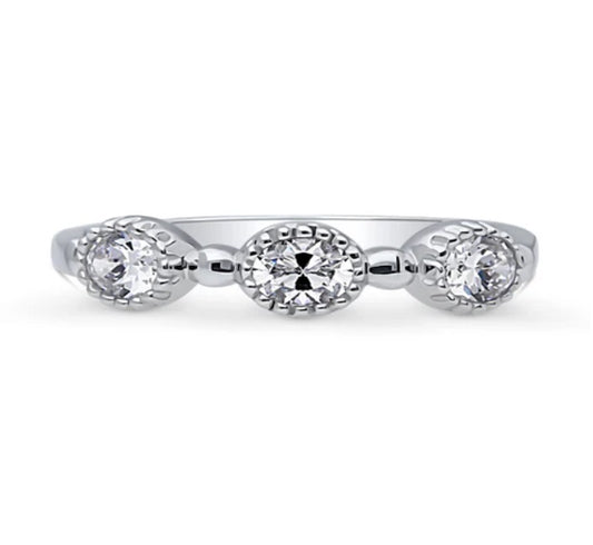 Milgrain Bezel Set Oval CZ Half Eternity Ring in Sterling Silver