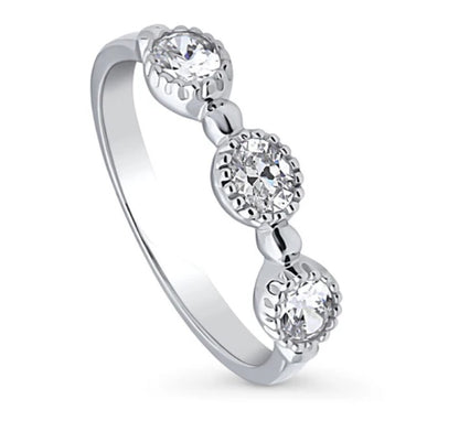 Milgrain Bezel Set Oval CZ Half Eternity Ring in Sterling Silver