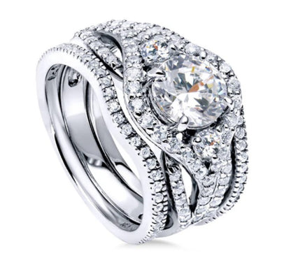 3-Stone Cushion CZ Ring Set in Sterling Silver