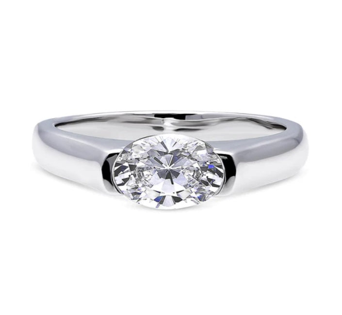 Solitaire 1.2ct Half Bezel Set Oval CZ Ring in Sterling Silver