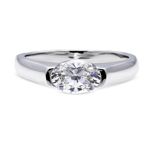 Solitaire 1.2ct Half Bezel Set Oval CZ Ring in Sterling Silver