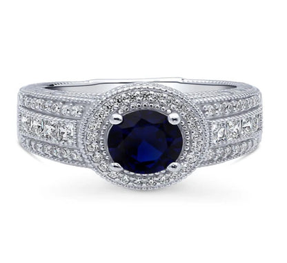 Halo Milgrain Simulated Blue Sapphire Round CZ Ring in Sterling Silver