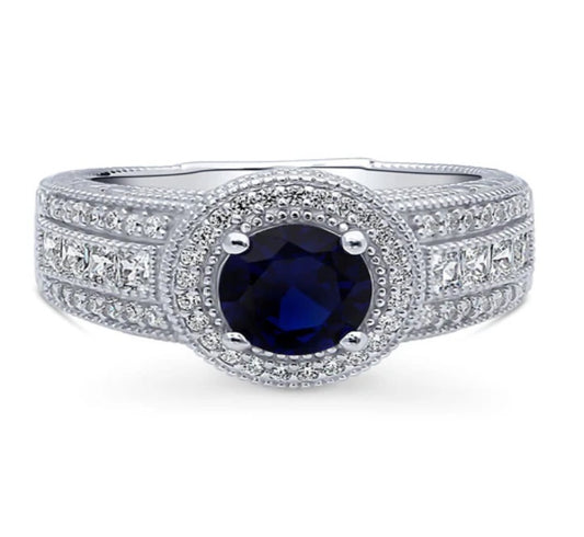 Halo Milgrain Simulated Blue Sapphire Round CZ Ring in Sterling Silver
