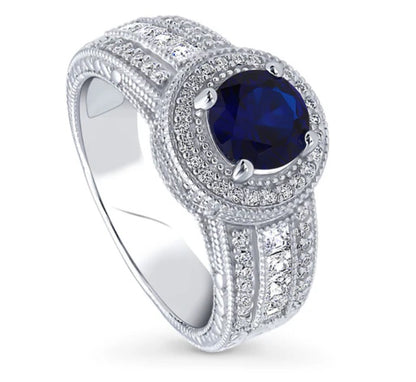 Halo Milgrain Simulated Blue Sapphire Round CZ Ring in Sterling Silver