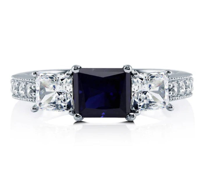 3-Stone Simulated Blue Sapphire Princess CZ Ring in Sterling Silver
