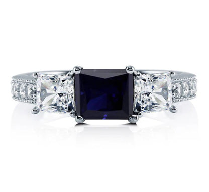 3-Stone Simulated Blue Sapphire Princess CZ Ring in Sterling Silver