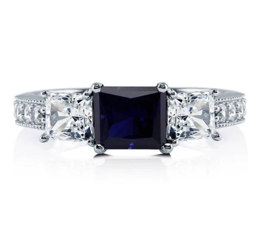 3-Stone Simulated Blue Sapphire Princess CZ Ring in Sterling Silver