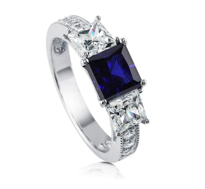 3-Stone Simulated Blue Sapphire Princess CZ Ring in Sterling Silver