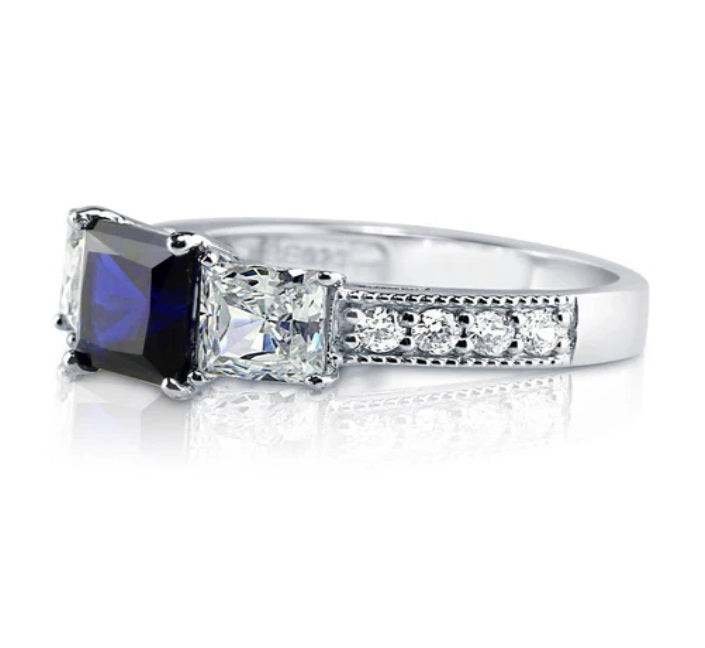 3-Stone Simulated Blue Sapphire Princess CZ Ring in Sterling Silver