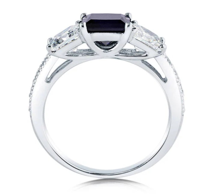3-Stone Simulated Blue Sapphire Princess CZ Ring in Sterling Silver