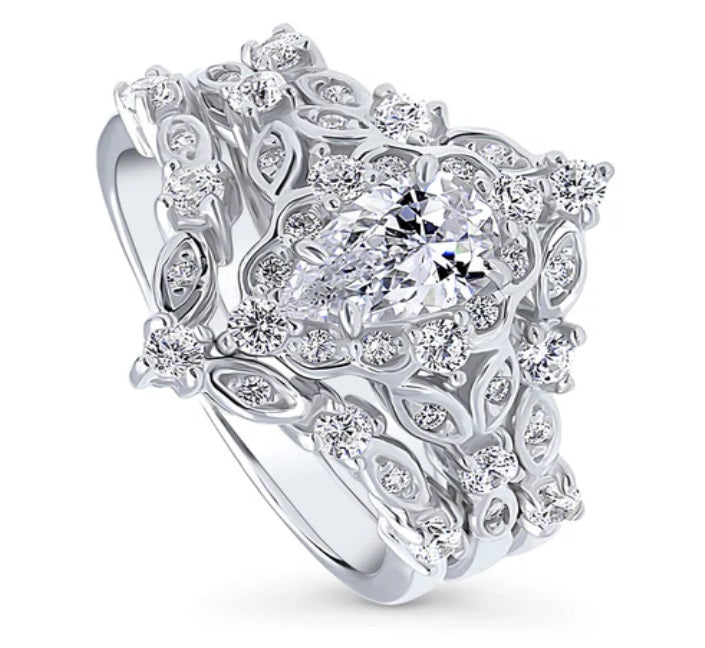 Chevron Halo CZ Ring Set in Sterling Silver
