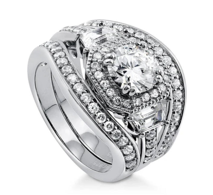 Halo Art Deco Round CZ Ring Set in Sterling Silver
