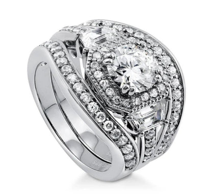 Halo Art Deco Round CZ Ring Set in Sterling Silver