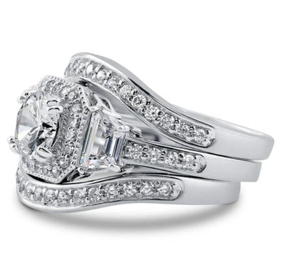 Halo Art Deco Round CZ Ring Set in Sterling Silver