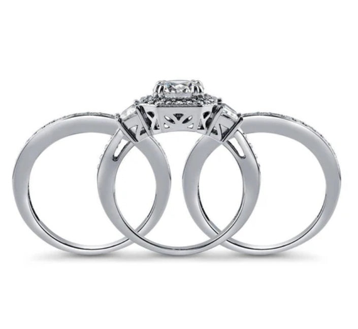 Halo Art Deco Round CZ Ring Set in Sterling Silver