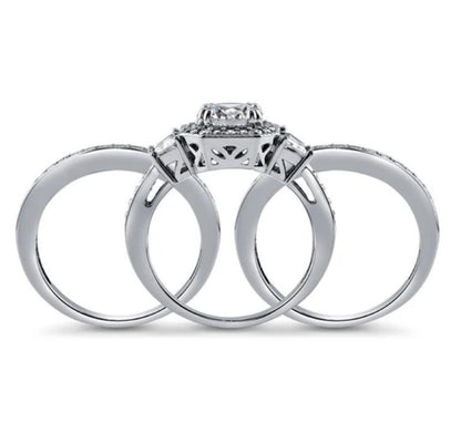 Halo Art Deco Round CZ Ring Set in Sterling Silver